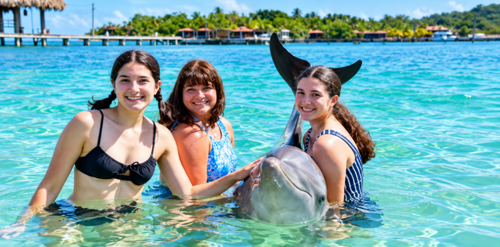 Visitor during a dolphin encounter in Roatan