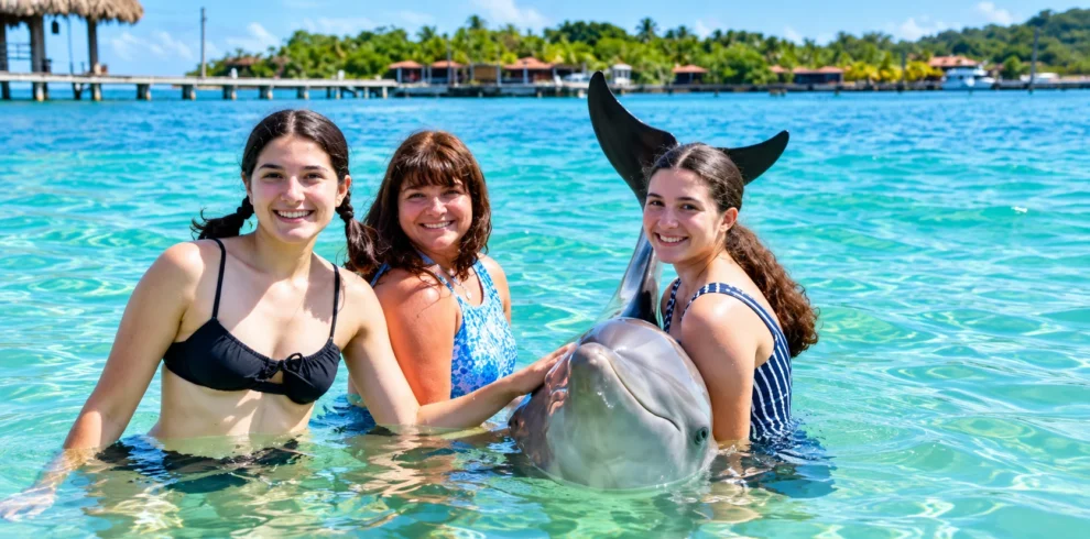 Visitor during a dolphin encounter in Roatan